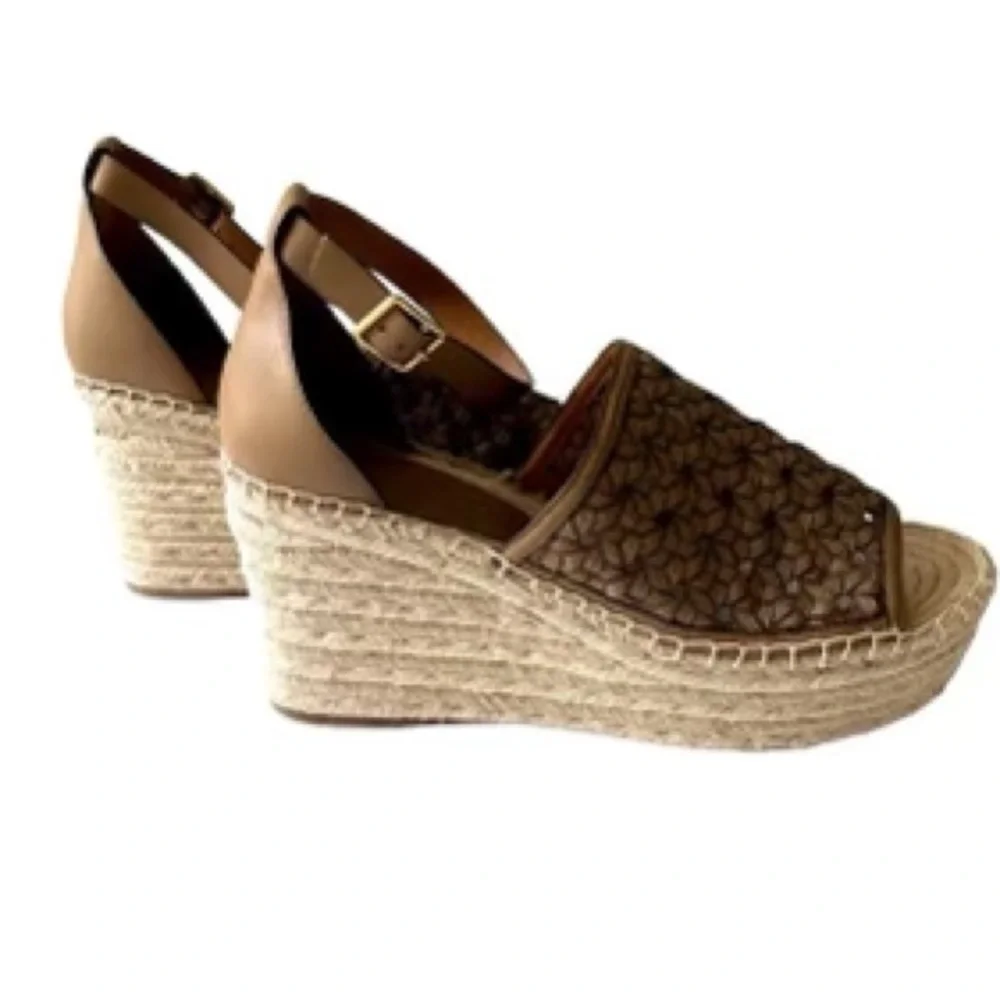 Tory Burch Basketweave Espadrille Leather Wedges in Almond Flour Brown Size 11